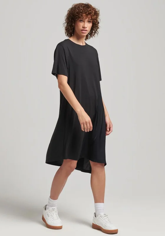 Superdry Womens Mix Fabric T-Shirt Dress, Black Cashmere Blend Cotton Blend Poly Blend