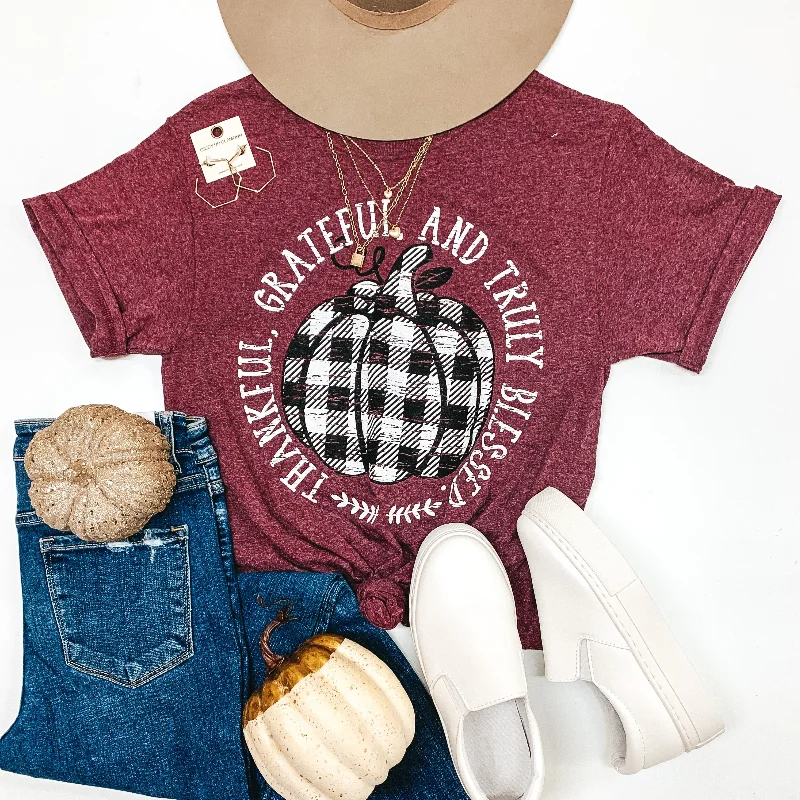 Thankful, Grateful, and Truly Blessed Short Sleeve Graphic Tee in Heather Maroon Seamless Knitted Crochet Thankful, Grateful, and Truly Blessed Short Sleeve Graphic Tee in Heather Maroon Seamless Knitted Crochet