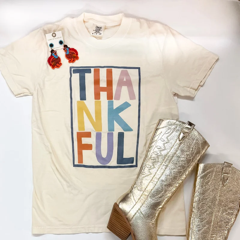 Thankful Short Sleeve Graphic Tee in Cream Hooded Caped Shawl Collar
