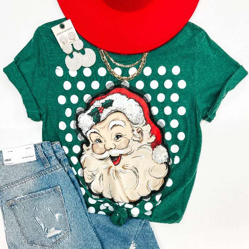 Last Chance Size Small & 3XL | Vintage Santa Short Sleeve Graphic Tee with Polka Dots in Green Silk Blend Satin Velvet Last Chance Size Small & 3XL | Vintage Santa Short Sleeve Graphic Tee with Polka Dots in Green Silk Blend Satin Velvet