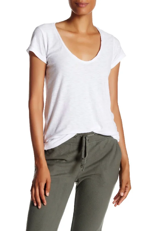 Women Deep V-Neck/scoopy Neck T-Shirt Standard In White Welt Pockets Slit Pockets