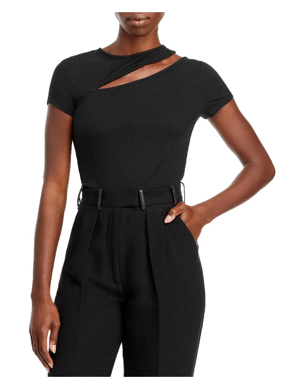 Womens Cut Out Ribbed Trim T-Shirt Satin Fabric Silk Fabric Chiffon Fabric