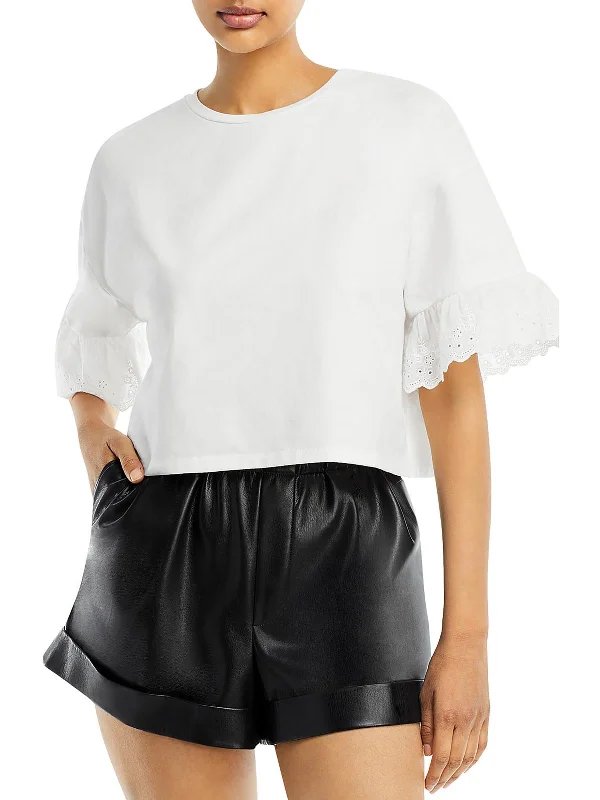 Womens Eyelet Trim Cropped T-Shirt Casual Formal Business