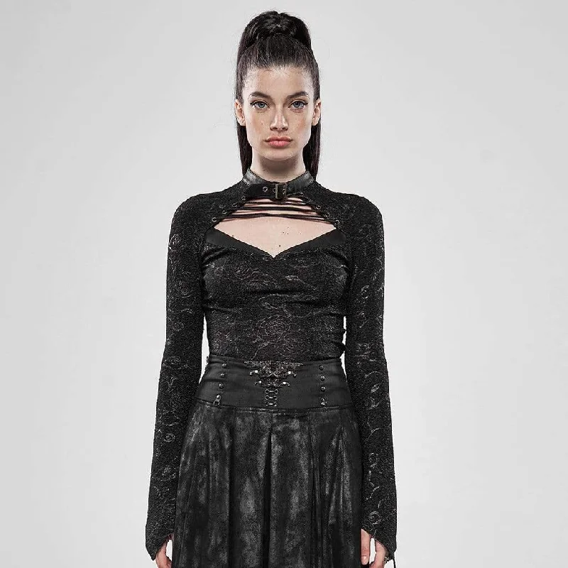 Women's Goth Cutout Toned Horn Sleeved Printed T-shirts Chenille Brocade Lace