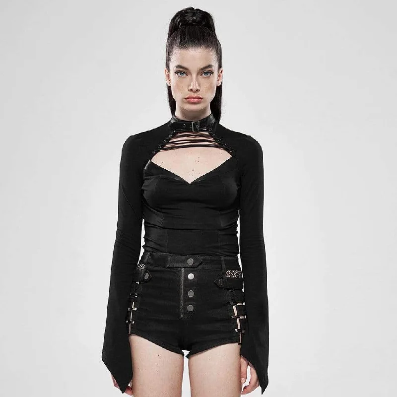 Women's Goth Hollow Out Toned Horn Sleeved Black T-shirts Modern Contemporary Chic
