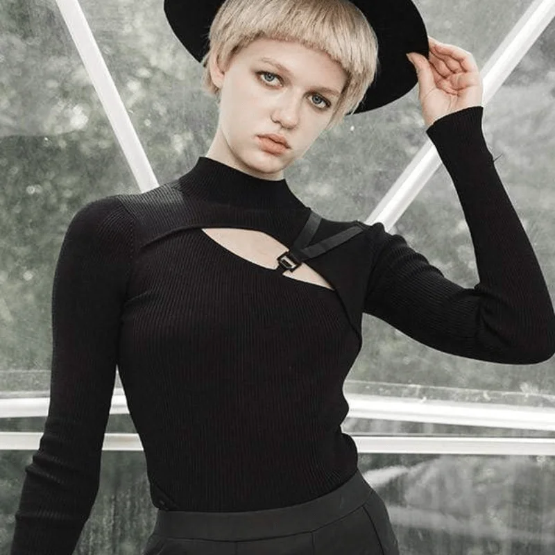 Women's Gothic Cutout Long Sleeved Knitted T-shirts Graphic Embroidered Appliqued