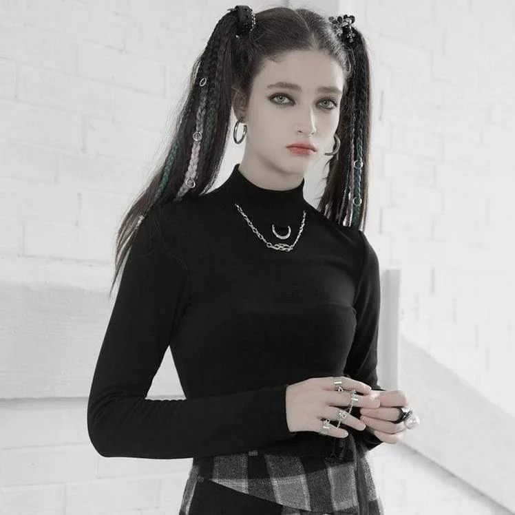 Women's Grunge Stand Collar Long Sleeved Fitted T-shirts With Necklace Embroidered Appliqued Beaded Women's Grunge Stand Collar Long Sleeved Fitted T-shirts With Necklace Embroidered Appliqued Beaded