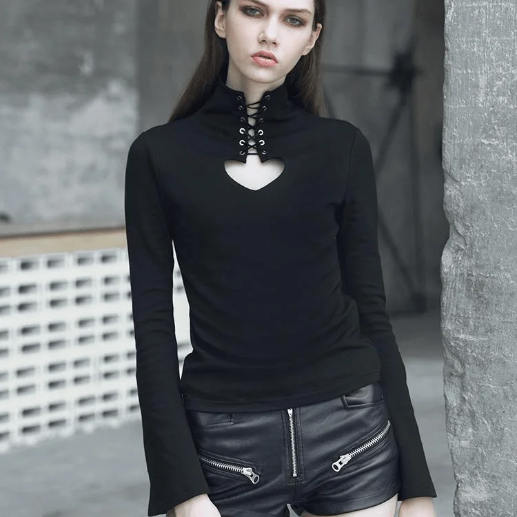 Women's High Neck Heart Hollow Tie Rope Velvet Long-Sleeved T-shirt Elasticated Padded Insulated Women's High Neck Heart Hollow Tie Rope Velvet Long-Sleeved T-shirt Elasticated Padded Insulated