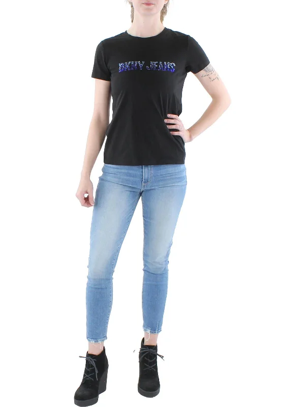 Womens Logo Embellished T-Shirt Zippered Buttoned Snapped