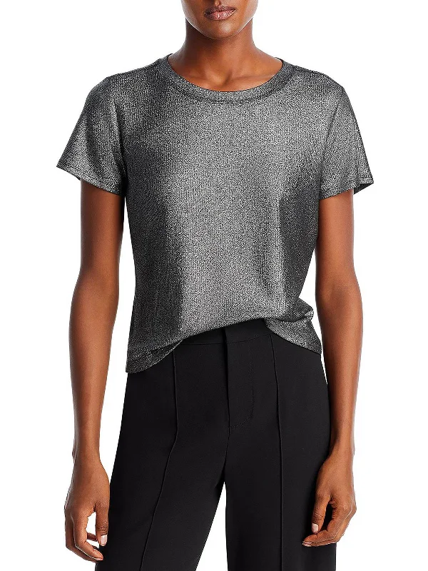 Womens Metallic Crewneck T-Shirt Houndstooth Herringbone Solid