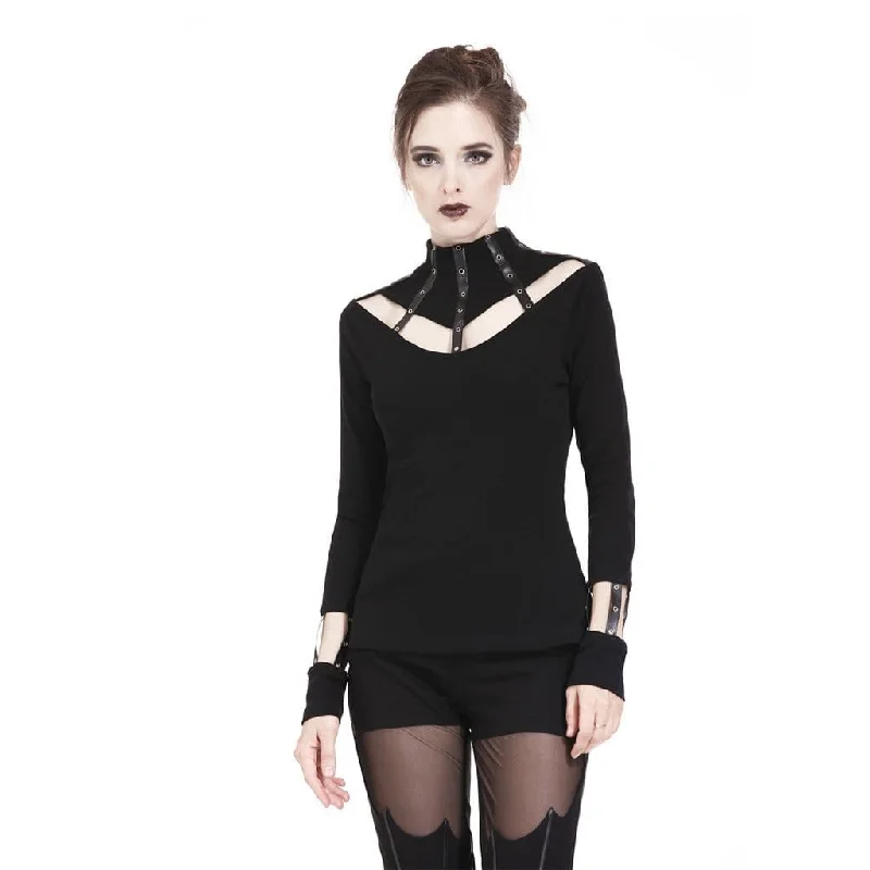 Women's Punk High Neck Cutout Long Sleeved T-shirt With Straps Modern Contemporary Chic Women's Punk High Neck Cutout Long Sleeved T-shirt With Straps Modern Contemporary Chic