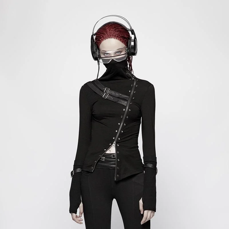 Women's Punk Turtleneck Side Zip Long Sleeved T-shirt With Straps Layered Multi-layer Single Layer Women's Punk Turtleneck Side Zip Long Sleeved T-shirt With Straps Layered Multi-layer Single Layer