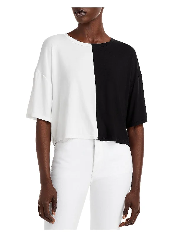 Womens Split Colorblock Casual T-Shirt Collared Crew Neck Turtle Neck
