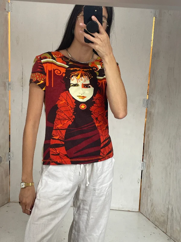 Y2K Orange Face Tee V-Neck T-Shirt Long Sleeve Cotton