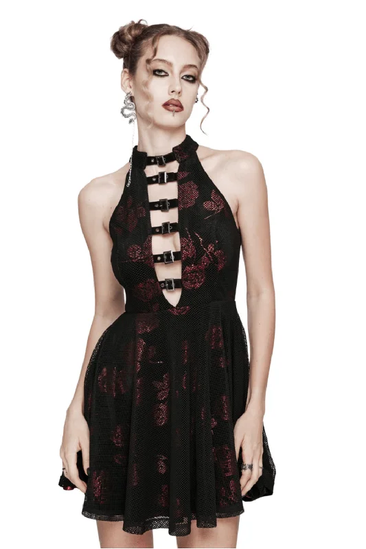 Goth Velvet Rose Print Dress with Buckles Detail