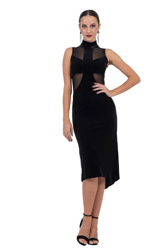 La Noche Velvet Tango Dress With Mesh Details (M) (Red Velvet)
