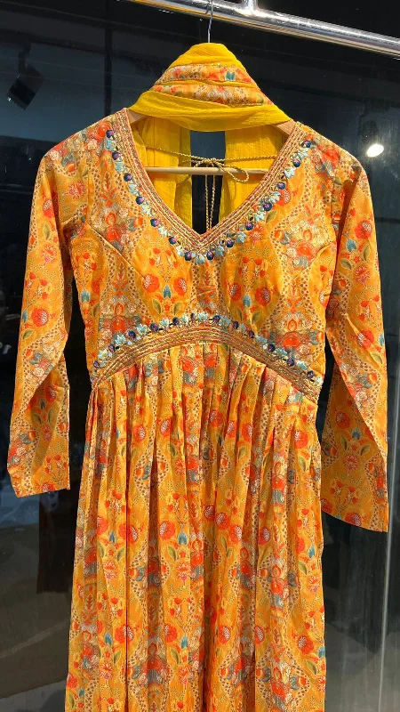Yellow silk 3 piece kurti full length dress