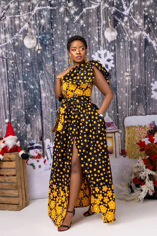 Adeola Ankara Maxi Dress |Yellow and Black African Print Elegant Pleated Maxi Dress