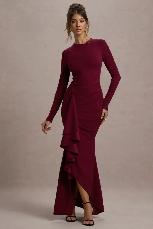 Alayna | Berry Long-Sleeve Maxi Dress With Ruffled Split Trendy Button Front Maxi Dress Alayna | Berry Long-Sleeve Maxi Dress With Ruffled Split Trendy Button Front Maxi Dress