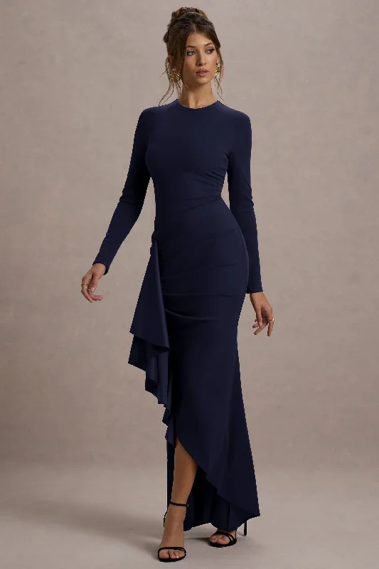Alayna | Navy Long-Sleeve Maxi Dress With Ruffled Split Comfortable Fit-and-Flare Maxi Dress Alayna | Navy Long-Sleeve Maxi Dress With Ruffled Split Comfortable Fit-and-Flare Maxi Dress