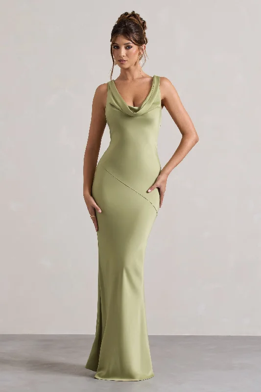Alesso | Light Olive Satin Cowl-Neck Maxi Dress Cozy Wrap Maxi Dress