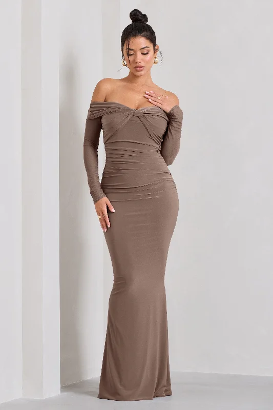 Alex | Mocha Bardot Twist Maxi Dress Chic Summer Floral Maxi Dress