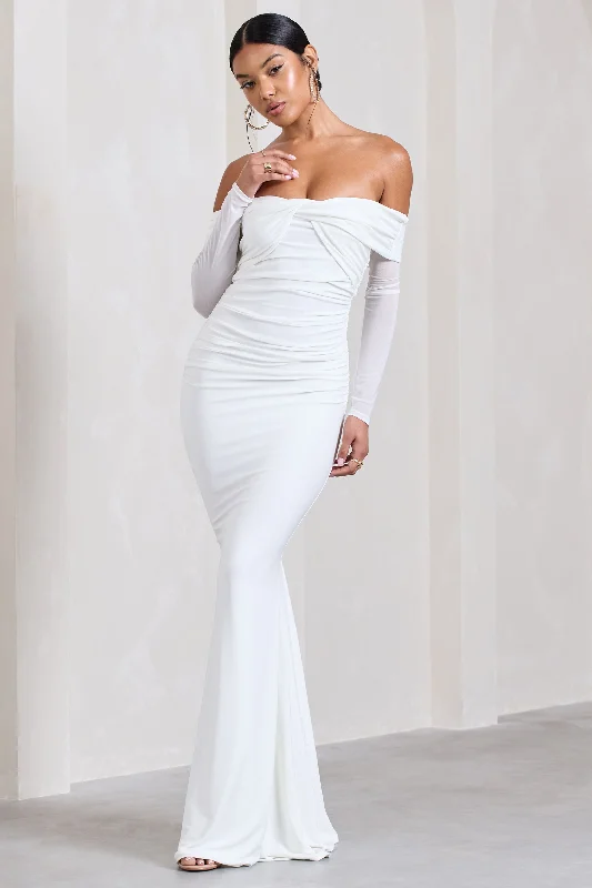 Alex | White Bardot Twist Maxi Dress Comfortable Maxi Dress with Sleeves