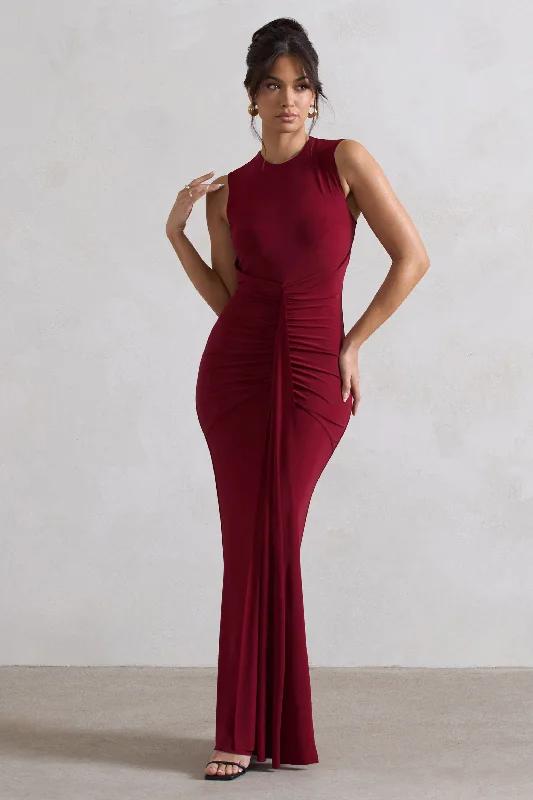 Alexa | Berry High-Neck Gathered Maxi Dress With Drape Comfortable Bohemian Maxi Dress Alexa | Berry High-Neck Gathered Maxi Dress With Drape Comfortable Bohemian Maxi Dress