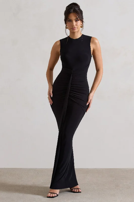 Alexa | Black High-Neck Gathered Maxi Dress With Drape Elegant Boho Maxi Dress