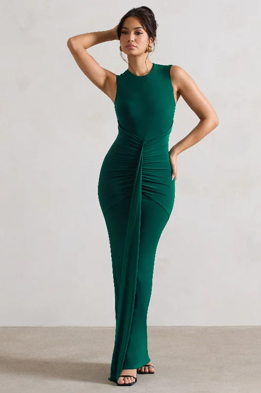 Alexa | Bottle Green High-Neck Gathered Maxi Dress With Drape Trendy V-Neck Maxi Dress Alexa | Bottle Green High-Neck Gathered Maxi Dress With Drape Trendy V-Neck Maxi Dress