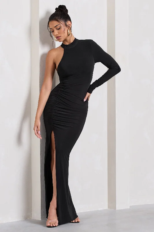 Alina | Black Ruched High-Neck Asymmetric Split Maxi Dress Comfortable Maxi Dress with Sleeves Alina | Black Ruched High-Neck Asymmetric Split Maxi Dress Comfortable Maxi Dress with Sleeves