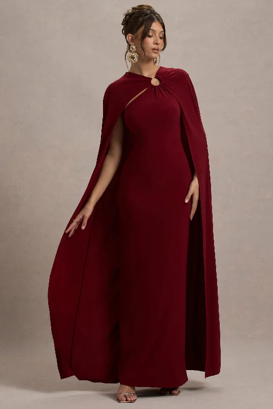 Aliza | Berry Cape Maxi Dress With Gold Ring Fashionable Printed Maxi Dress