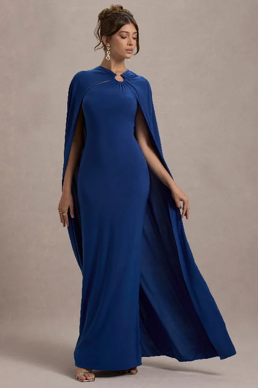 Aliza | Royal Blue Cape Maxi Dress With Gold Ring Comfortable Casual Maxi Dress