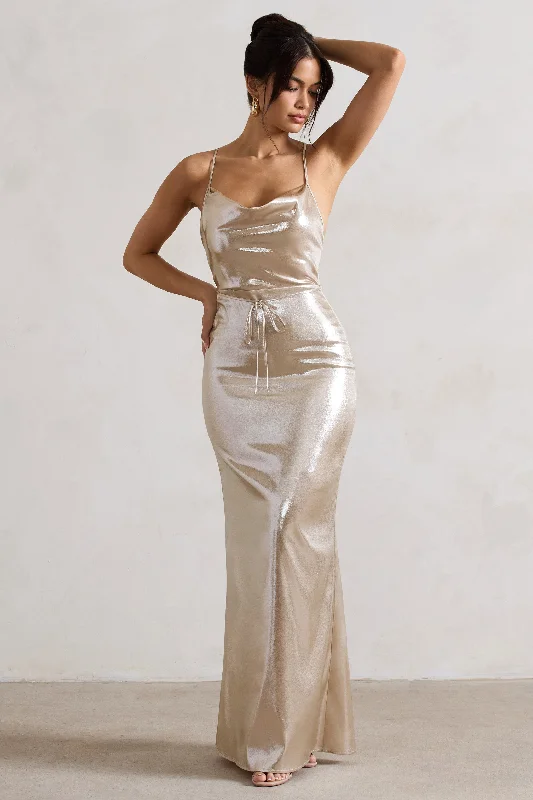 All In Time | Champagne Metallic Cowl-Neck Maxi Dress With Cross Back Detail Cozy Ribbed Maxi Dress All In Time | Champagne Metallic Cowl-Neck Maxi Dress With Cross Back Detail Cozy Ribbed Maxi Dress