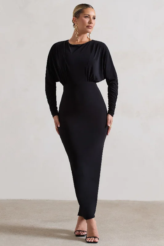 All It Takes | Black Long-Sleeve Draped Maxi Dress Trendy Maxi Dress with Lace