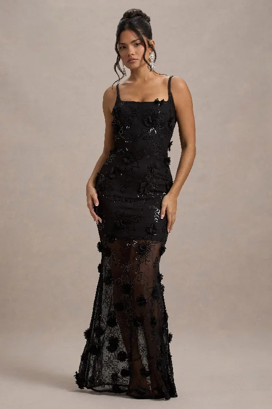 All Of Me | Black Sequin Sheer Maxi Dress With Flowers Elegant Lace-Up Maxi Dress