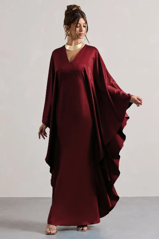 Alohi | Berry Satin Plunge Cape Maxi Dress Fashionable Printed Maxi Dress