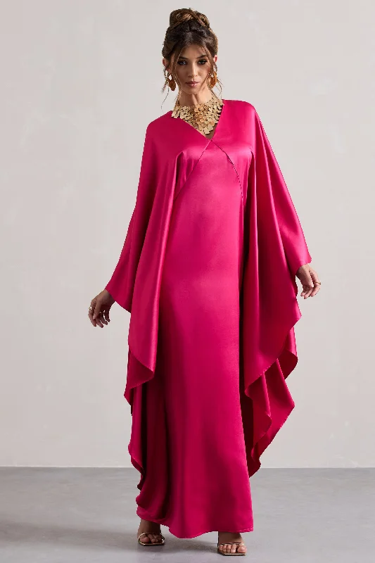 Alohi | Hot Pink Satin Plunge Cape Maxi Dress Comfortable Cotton Maxi Dress