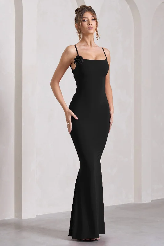Alora | Black Strappy Lace-Up Maxi Dress With Flower Corsage Elegant Pleated Maxi Dress Alora | Black Strappy Lace-Up Maxi Dress With Flower Corsage Elegant Pleated Maxi Dress