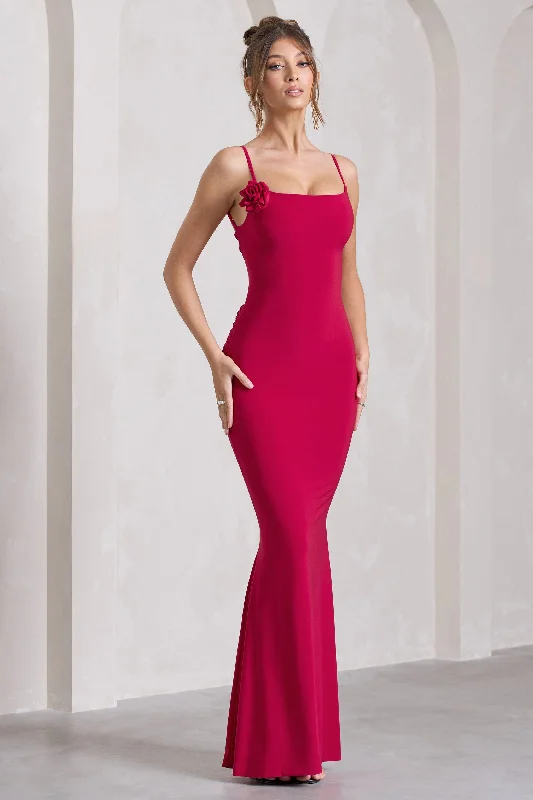 Alora | Red Strappy Lace-Up Maxi Dress With Flower Corsage Fashionable Sheer Maxi Dress Alora | Red Strappy Lace-Up Maxi Dress With Flower Corsage Fashionable Sheer Maxi Dress