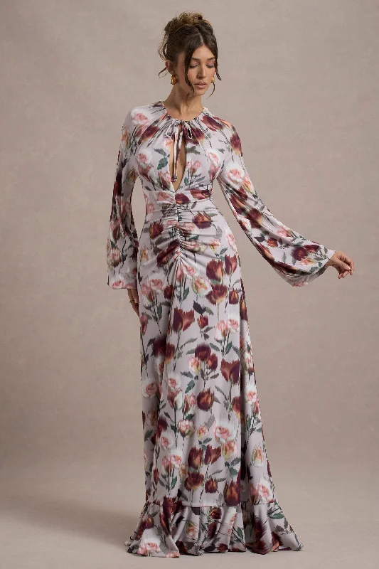 Althena | Cream Floral Print Balloon-Sleeve Maxi Dress Elegant Velvet Maxi Dress