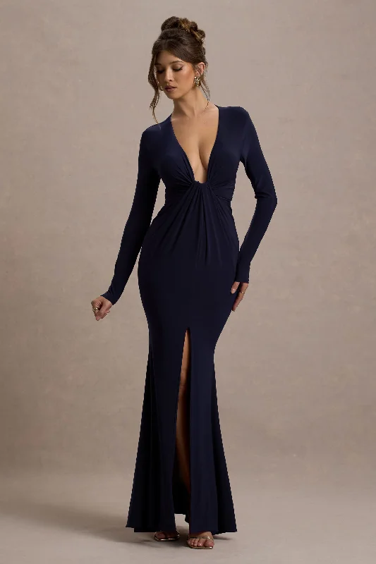 Aluna | Navy Plunge-Neck Twisted Split Maxi Dress Stylish One-Shoulder Maxi Dress