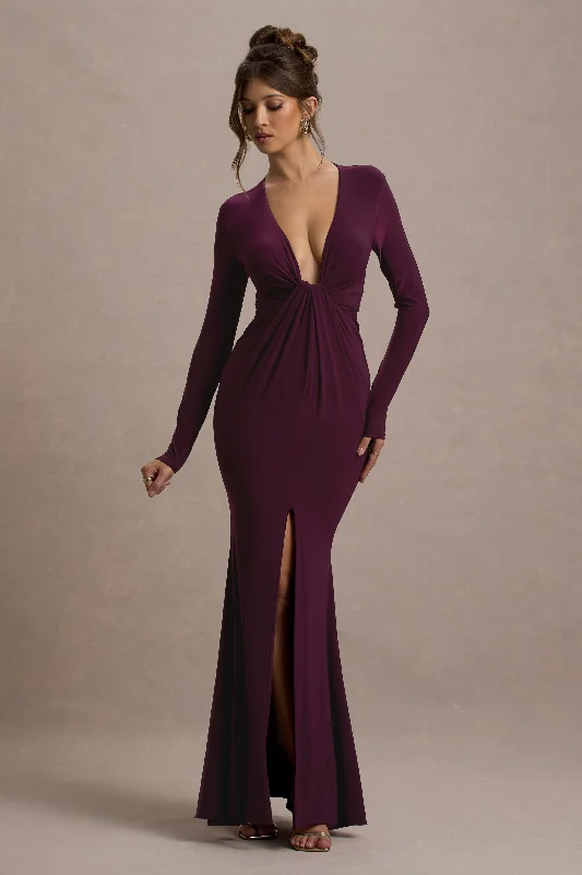 Aluna | Plum Plunge-Neck Twisted Split Maxi Dress Fashionable Off-Shoulder Maxi Dress Aluna | Plum Plunge-Neck Twisted Split Maxi Dress Fashionable Off-Shoulder Maxi Dress