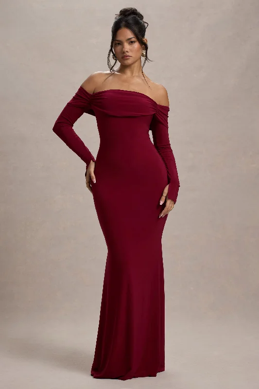 Amaia | Berry Bardot Long-Sleeve Maxi Dress Cozy Maxi Dress with Slit