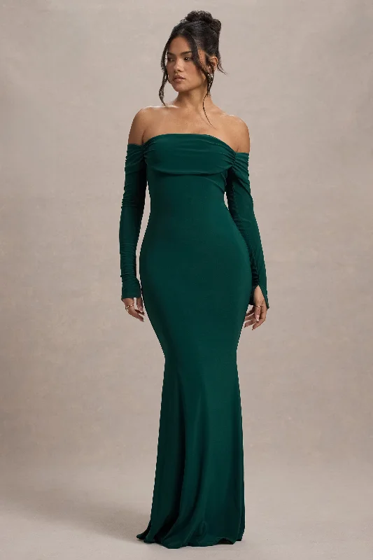 Amaia | Bottle Green Bardot Long-Sleeve Maxi Dress Elegant Maxi Dress with Pockets