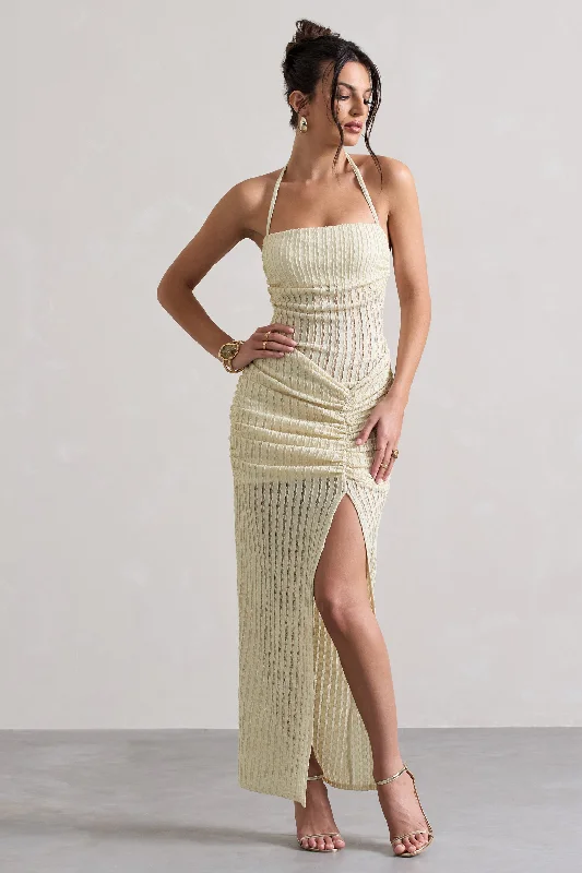 Amalfi | Ecru Textured Sheer Halter-Neck Maxi Dress Cozy Open-Back Maxi Dress