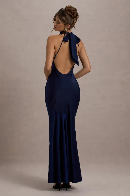 Amelita | Navy Satin Cowl-Neck Fishtail Maxi Dress Comfortable Ruffle Maxi Dress