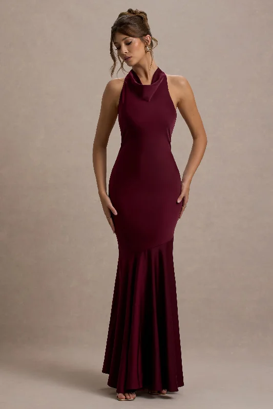 Amelita | Port Satin Cowl-Neck Fishtail Maxi Dress Elegant Maxi Dress with Drapes