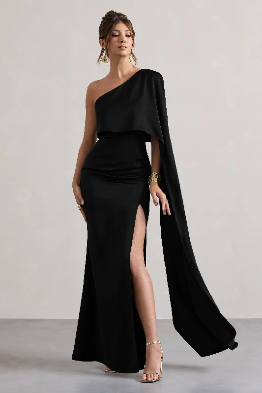 Amora | Black Satin Asymmetric Cape-Sleeve Split Maxi Dress Trendy Ruffled Maxi Dress Amora | Black Satin Asymmetric Cape-Sleeve Split Maxi Dress Trendy Ruffled Maxi Dress