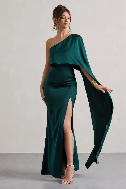 Amora | Bottle Green Satin Asymmetric Cape-Sleeve Split Maxi Dress Comfortable Fit-and-Flare Maxi Dress Amora | Bottle Green Satin Asymmetric Cape-Sleeve Split Maxi Dress Comfortable Fit-and-Flare Maxi Dress